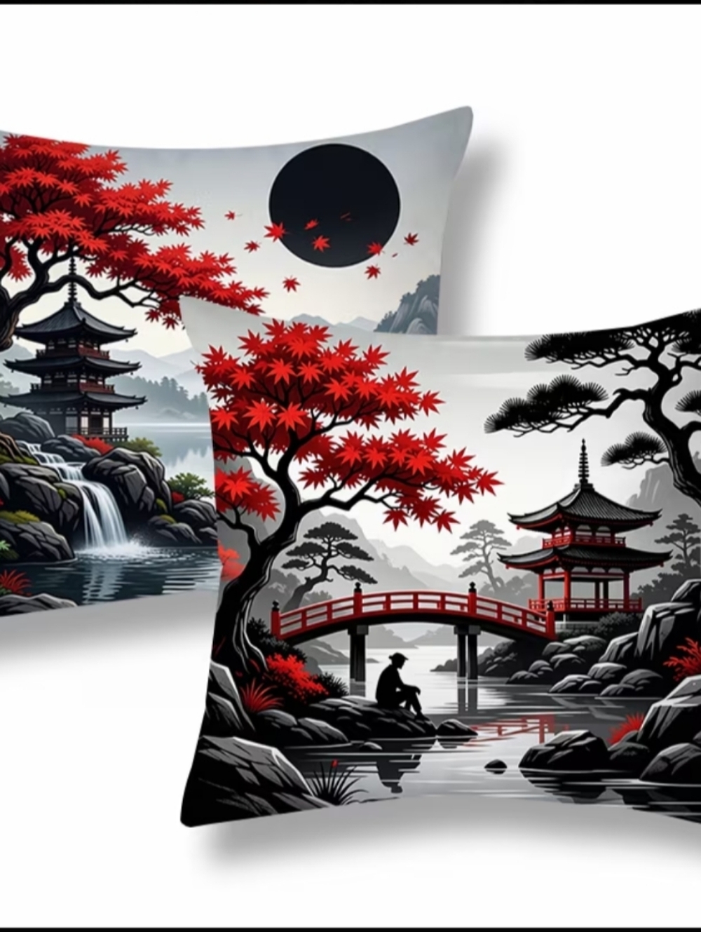 Oriental Red Maple Accent Pillow - Decorative Home Accent 2 Pcs.